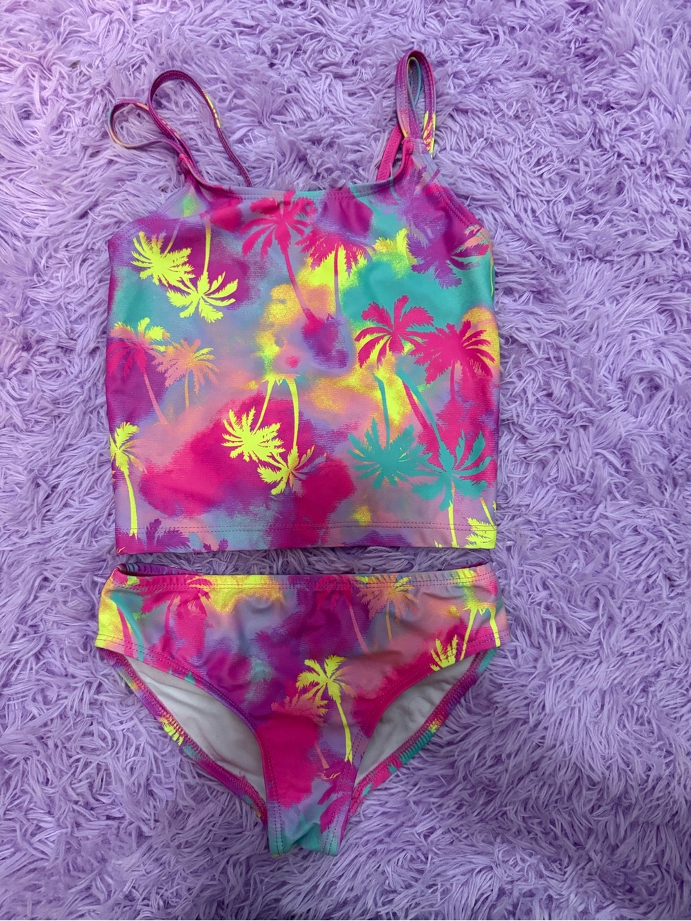 Place Neon Palm Print Tankini Bikini - Pink, Yellow, Green